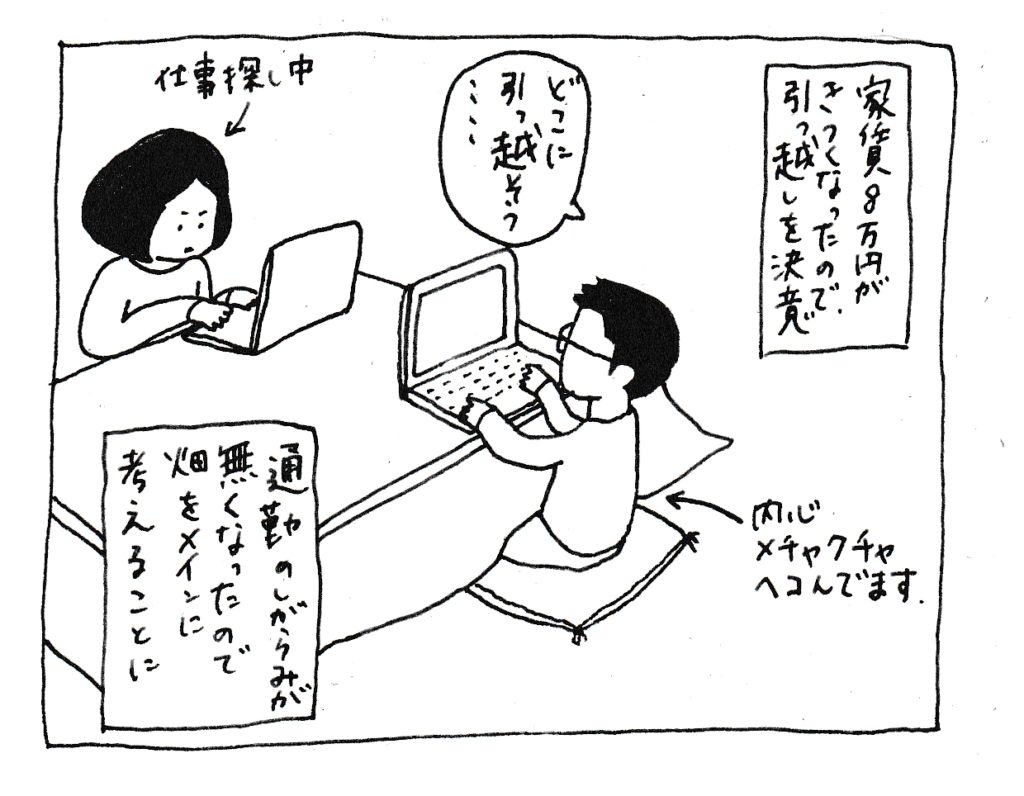 家賃8万円がきつくなったので引っ越すことに
「どこに引っ越そう」
(内心メチャクチャヘコんでます)
(仕事探し中)
通勤のしがらみが無くなったので畑をメインに考えることに
